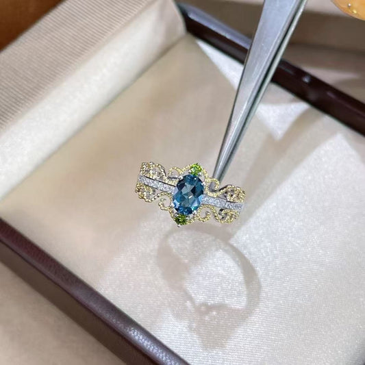 S925 Silver Plated White Gold Two-Tone Carved London Blue Topaz Ring