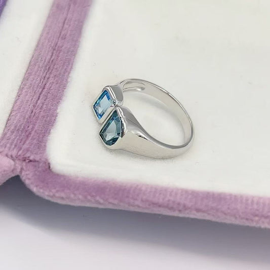 S925 Silver Plated White Gold Double-Stone London Blue Topaz Ring